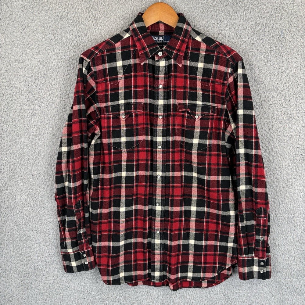 Vintage Polo Ralph Lauren New Classic‎ Western Shirt Mens S Red Plaid Pearl Snap